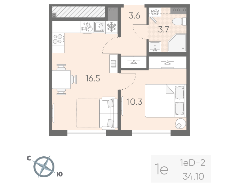 2-комнатная (Евро) квартира, 34.1 м² в ЖК "Пулково Lake" - планировка, фото №1