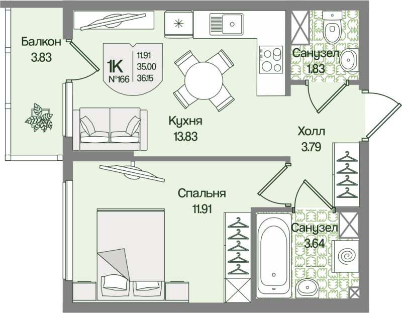 1-комнатная квартира, 36.14 м² в ЖК "Охтинские высоты" - планировка, фото №1