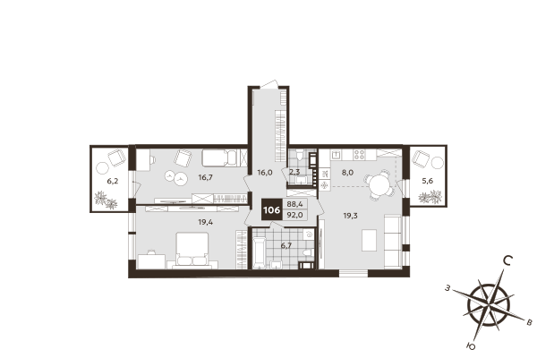 3-комнатная (Евро) квартира, 88.4 м² в ЖК "Дом на Бронницкой" - планировка, фото №1