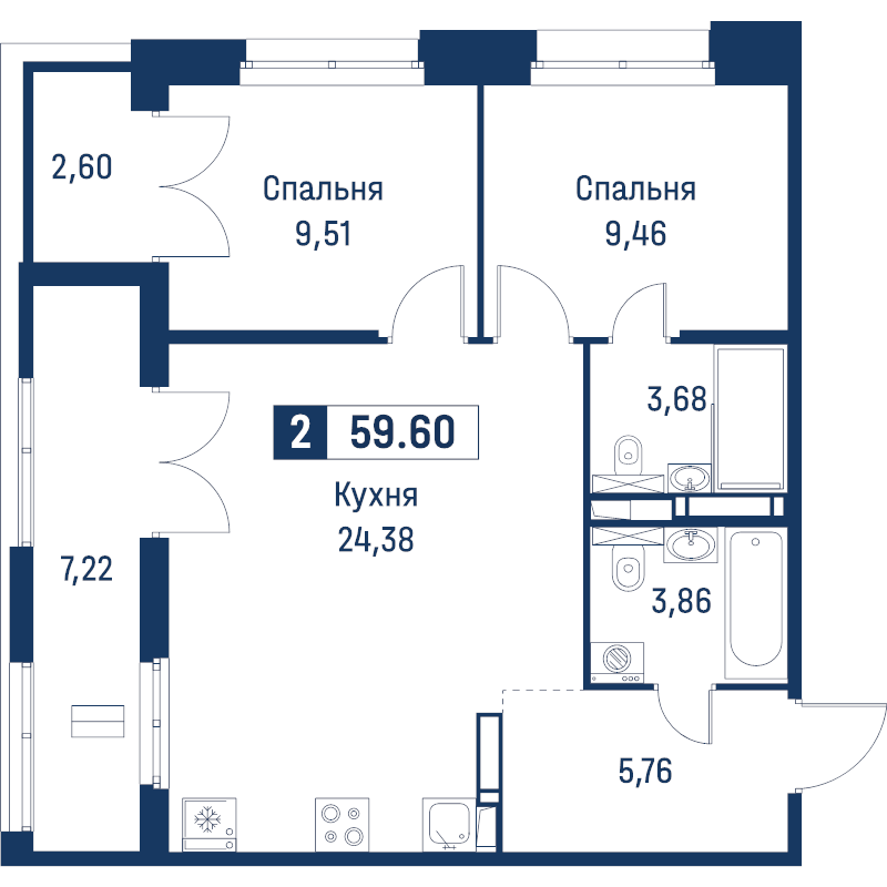 3-комнатная (Евро) квартира, 59.6 м² в ЖК "Символист" - планировка, фото №1