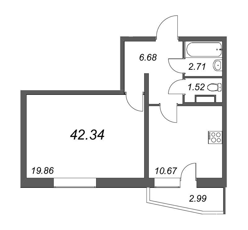 1-комнатная квартира, 42.34 м² в ЖК "Тандем" - планировка, фото №1