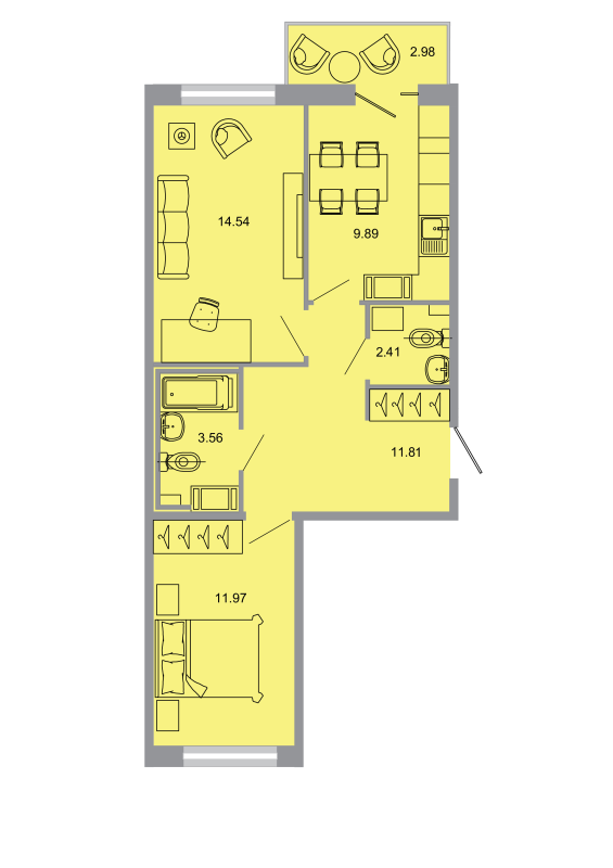 2-комнатная квартира, 53.4 м² в ЖК "Стороны света" - планировка, фото №1