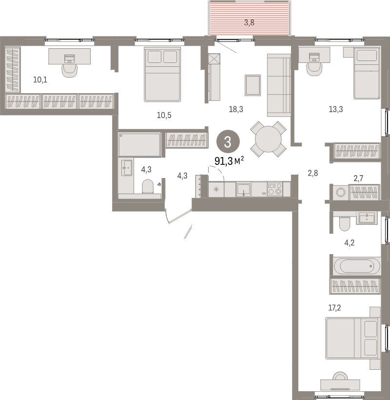 4-комнатная (Евро) квартира, 91.3 м² - планировка, фото №1