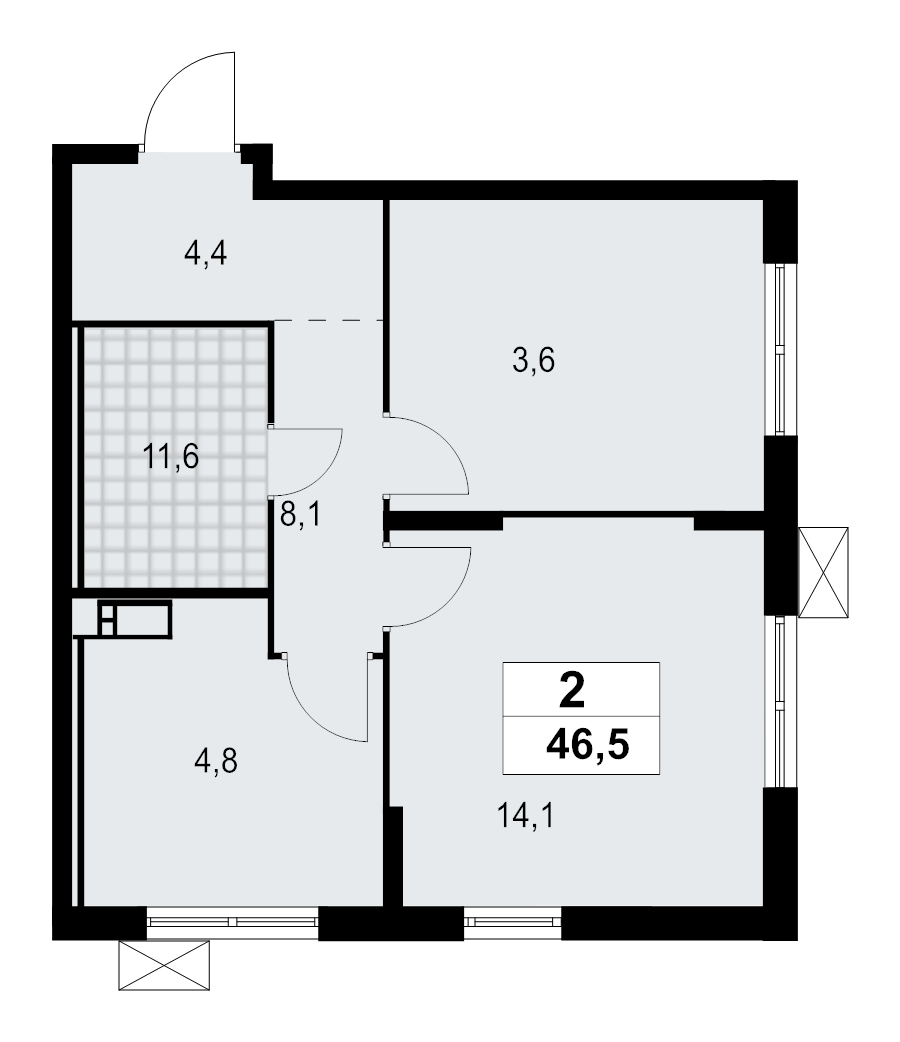 2-комнатная квартира, 46.45 м² в ЖК "А101 Лаголово" - планировка, фото №1