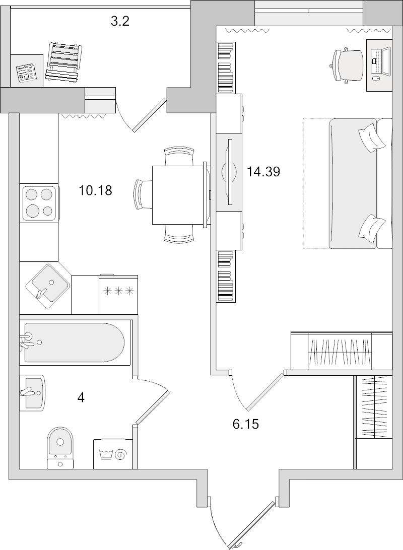 1-комнатная квартира, 34.72 м² - планировка, фото №1