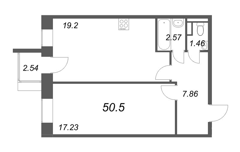 2-комнатная (Евро) квартира, 50.5 м² - планировка, фото №1