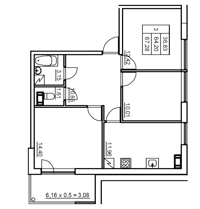 3-комнатная квартира, 66.44 м² в ЖК "Панорама Юкки" - планировка, фото №1
