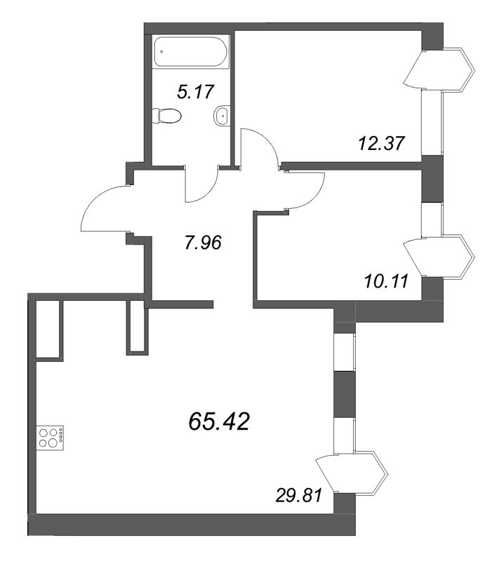 3-комнатная (Евро) квартира, 65.42 м² в ЖК "Avant" - планировка, фото №1