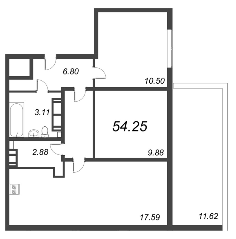 3-комнатная (Евро) квартира, 54.25 м² - планировка, фото №1