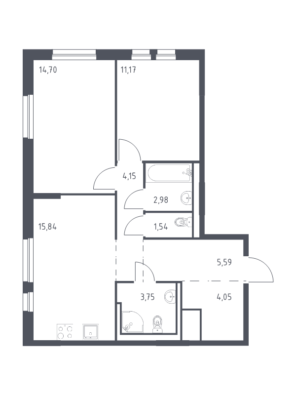 3-комнатная (Евро) квартира, 63.77 м² в ЖК "Невская Долина" - планировка, фото №1