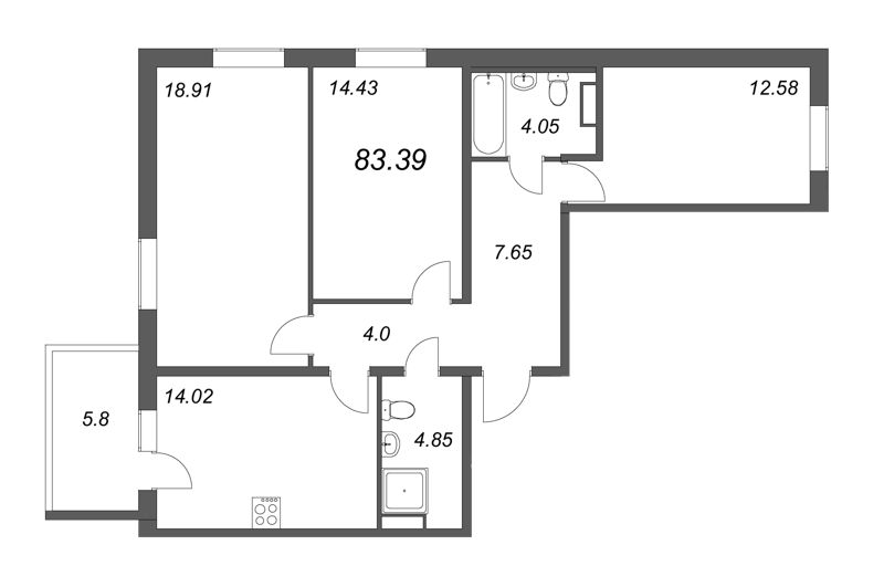 3-комнатная квартира, 80.49 м² - планировка, фото №1
