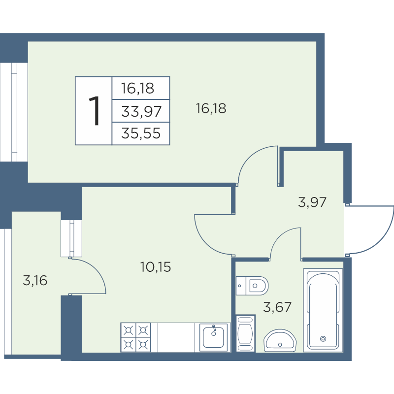 1-комнатная квартира, 35.55 м² - планировка, фото №1