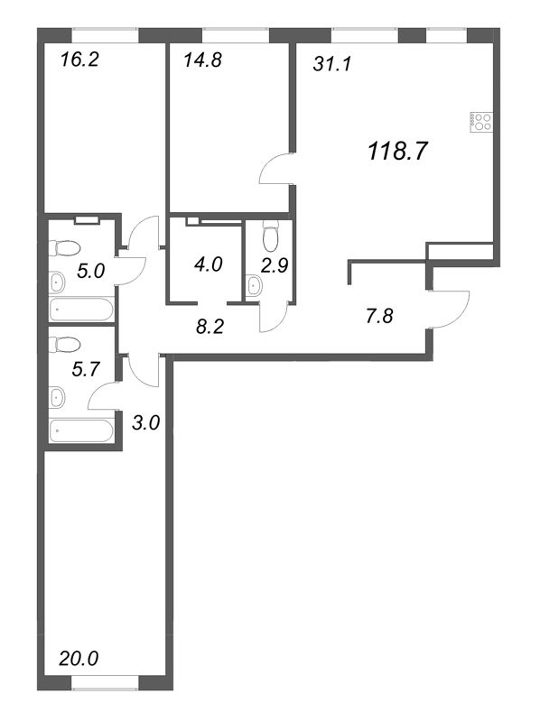 4-комнатная (Евро) квартира, 118.7 м² в ЖК "Визионер" - планировка, фото №1
