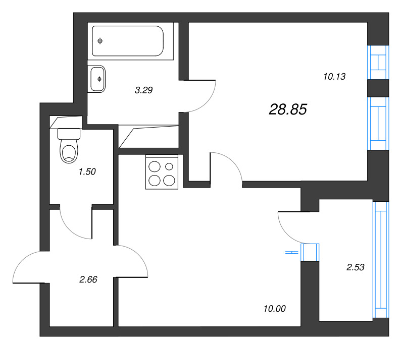 1-комнатная квартира, 28.85 м² - планировка, фото №1