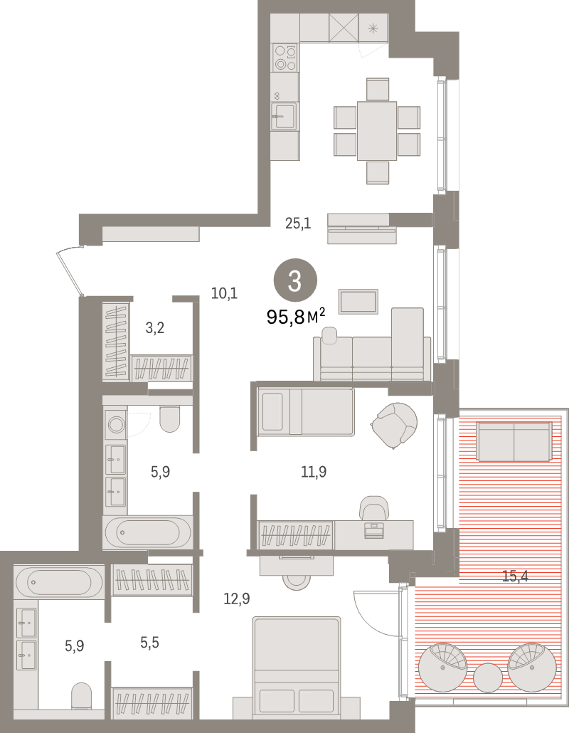 3-комнатная (Евро) квартира, 95.8 м² в ЖК "Брусника в Новоселье" - планировка, фото №1
