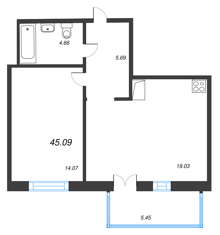 2-комнатная (Евро) квартира, 45.09 м² в ЖК "Арт Парк" - планировка, фото №1