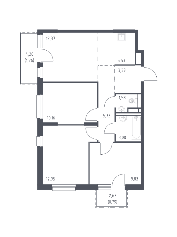 3-комнатная (Евро) квартира, 66.57 м² - планировка, фото №1