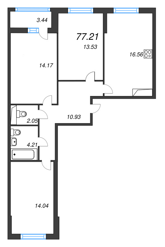 4-комнатная (Евро) квартира, 77.21 м² - планировка, фото №1