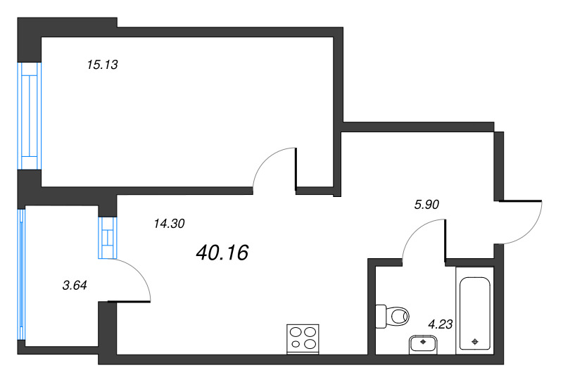 1-комнатная квартира, 40.16 м² - планировка, фото №1