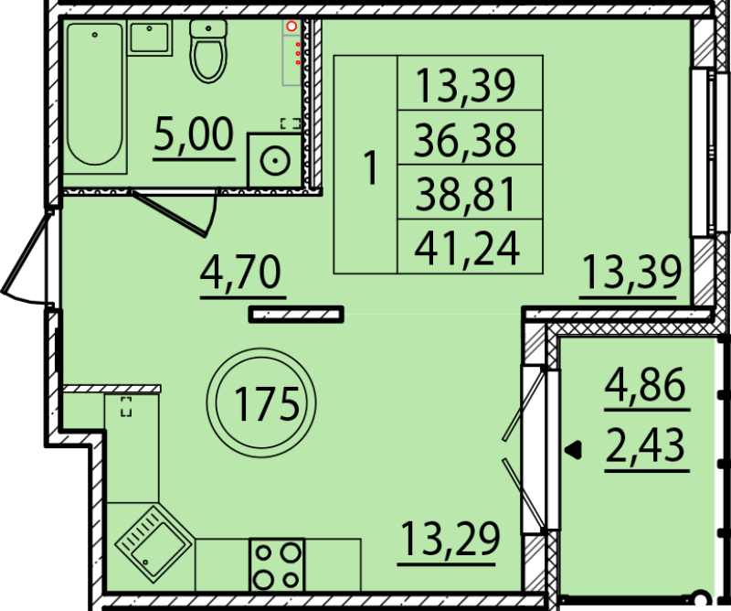 1-комнатная квартира, 36.38 м² - планировка, фото №1