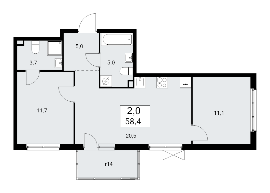 3-комнатная (Евро) квартира, 58.4 м² - планировка, фото №1