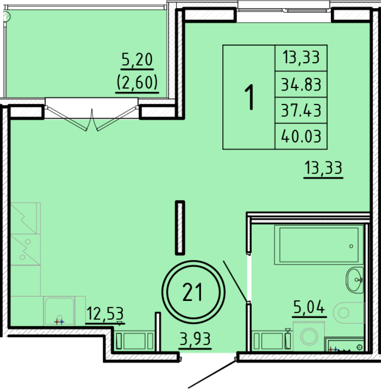 1-комнатная квартира, 34.83 м² в ЖК "Образцовый квартал 16" - планировка, фото №1