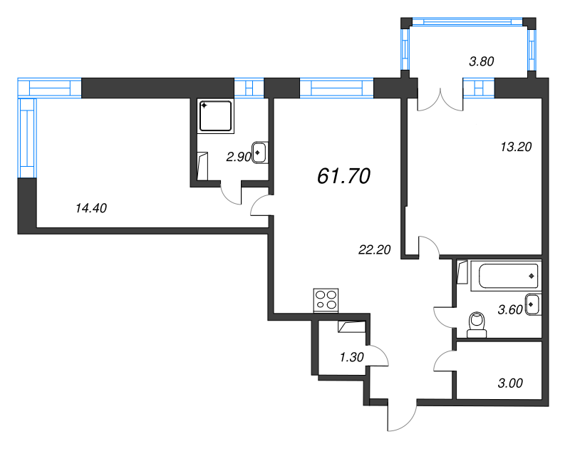 2-комнатная квартира, 61.7 м² - планировка, фото №1