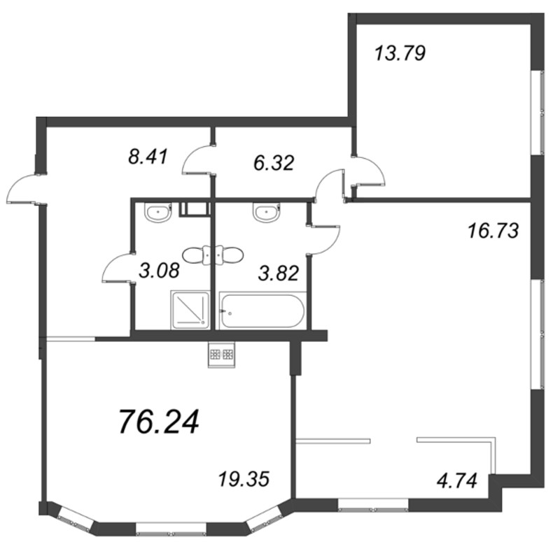 3-комнатная (Евро) квартира, 76.24 м² в ЖК "ID Moskovskiy" - планировка, фото №1