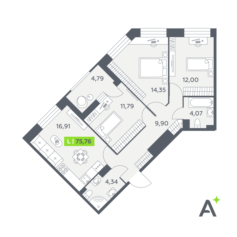 4-комнатная (Евро) квартира, 75.76 м² в ЖК "Аквилон РекаПарк" - планировка, фото №1