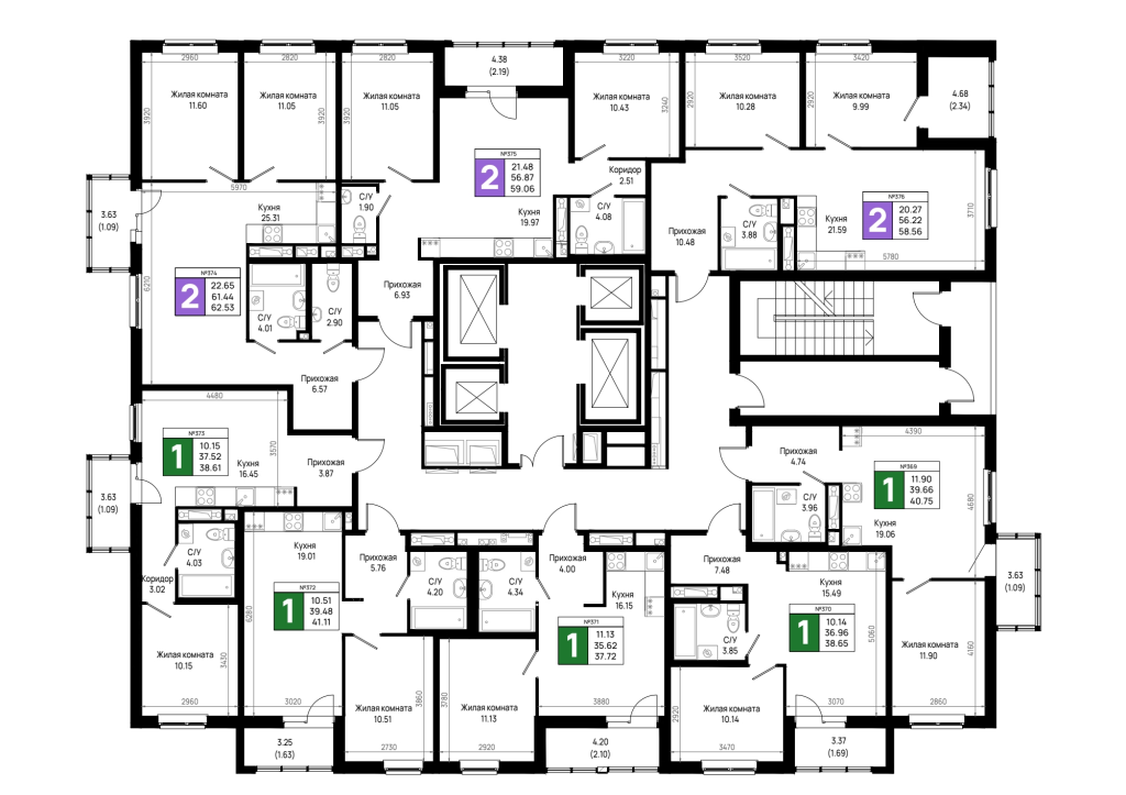 3-комнатная (Евро) квартира, 58.56 м² в ЖК "Имена" - планировка этажа