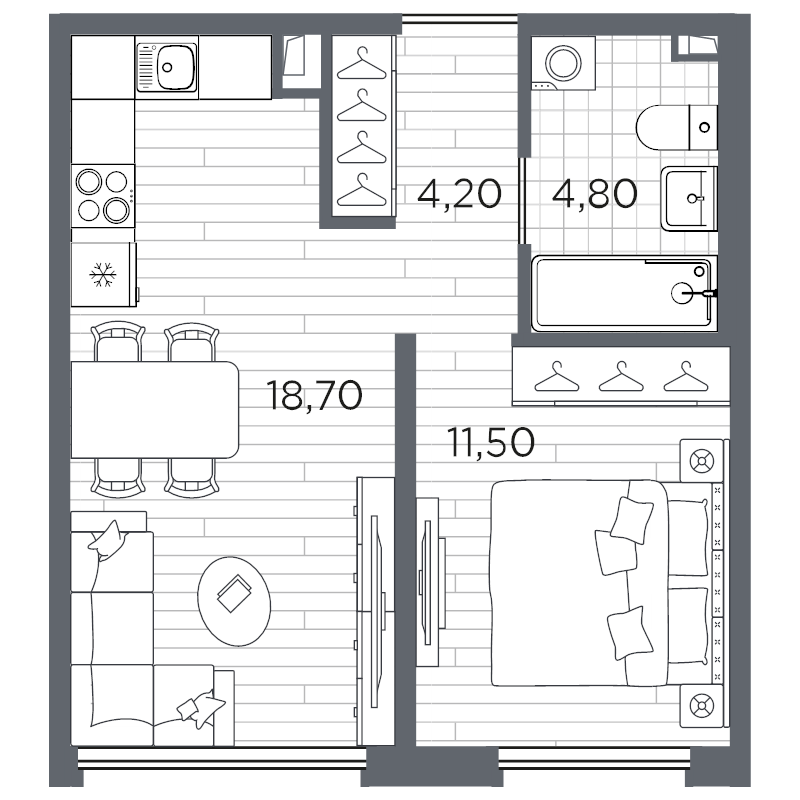 2-комнатная (Евро) квартира, 39.2 м² в ЖК "Плюс Пулковский" - планировка, фото №1