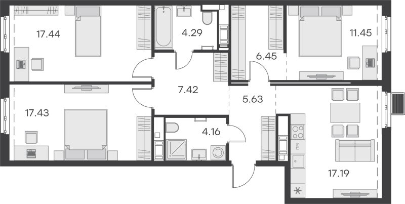 3-комнатная квартира, 91.46 м² - планировка, фото №1