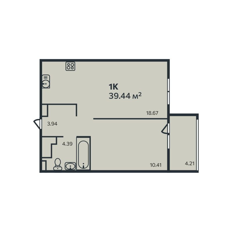 2-комнатная (Евро) квартира, 39.44 м² - планировка, фото №1