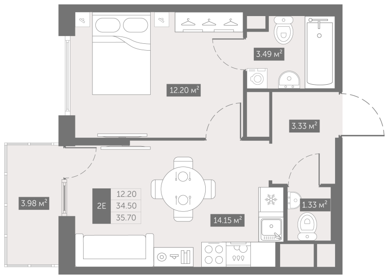 1-комнатная квартира, 35.7 м² - планировка, фото №1