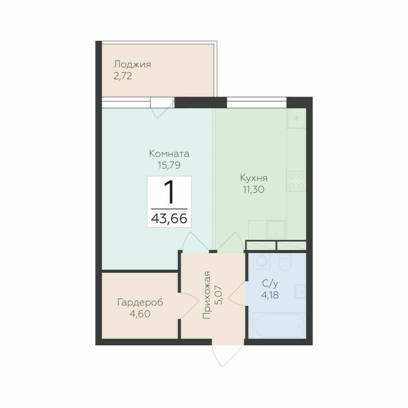 1-комнатная квартира, 43.66 м² в ЖК "Финский квартал" - планировка, фото №1