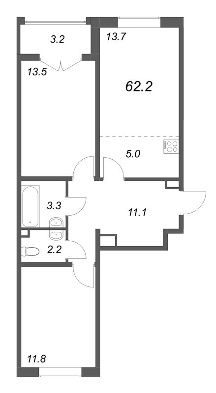 3-комнатная (Евро) квартира, 62.2 м² в ЖК "Пулково Lake" - планировка, фото №1