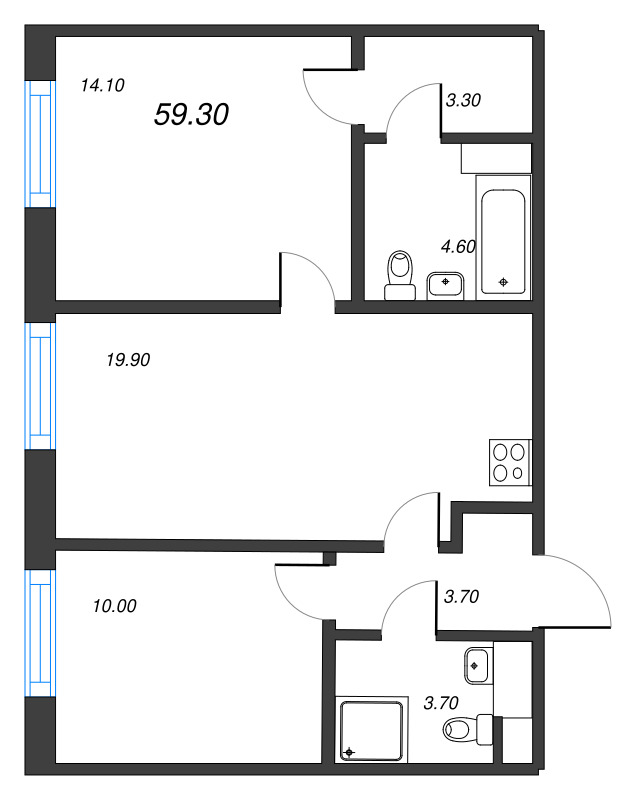 3-комнатная (Евро) квартира, 59.3 м² в ЖК "Парусная 1" - планировка, фото №1