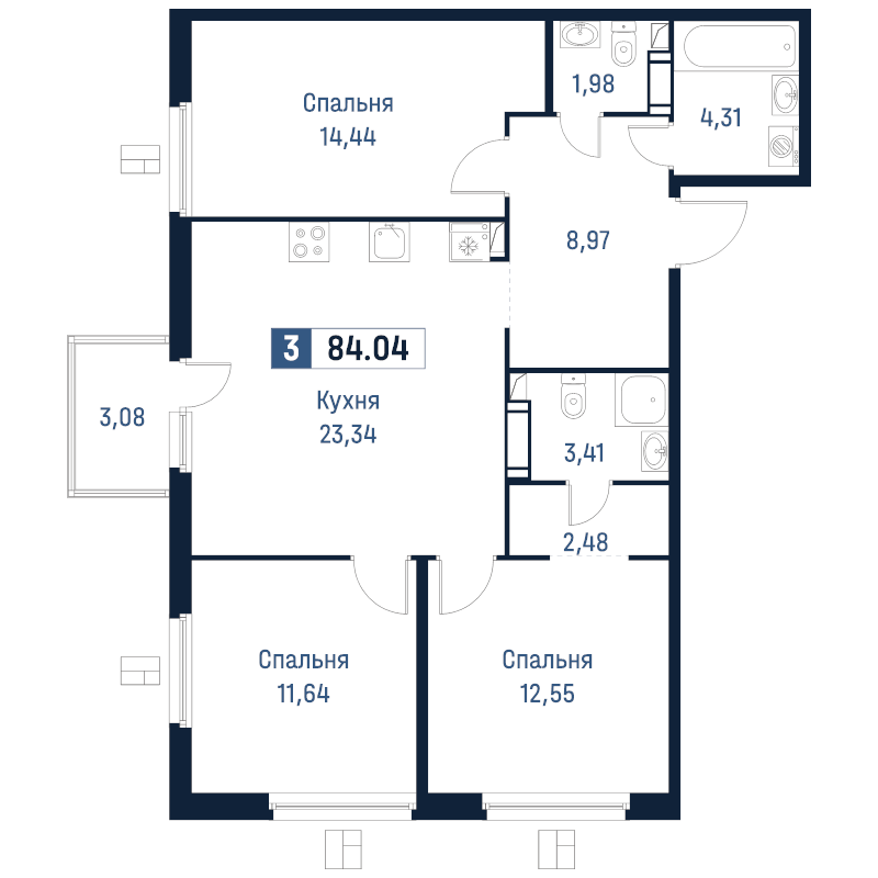 4-комнатная (Евро) квартира, 84.04 м² в ЖК "Максималист" - планировка, фото №1