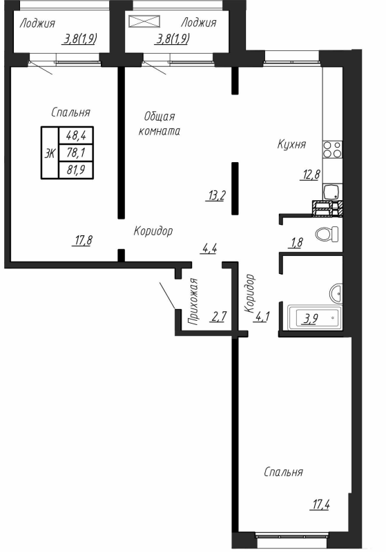3-комнатная квартира, 81.9 м² - планировка, фото №1