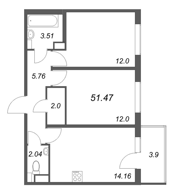 2-комнатная квартира, 51.47 м² - планировка, фото №1