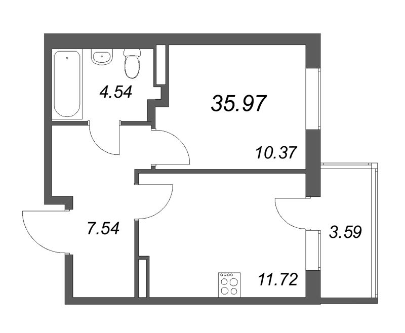 1-комнатная квартира, 35.97 м² в ЖК "Новая история" - планировка, фото №1