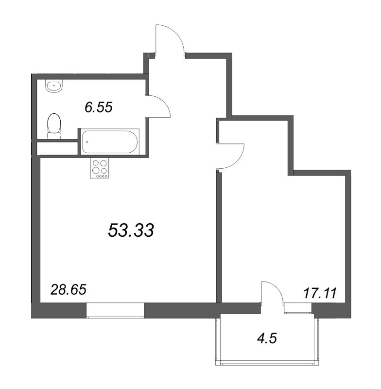2-комнатная (Евро) квартира, 53.33 м² - планировка, фото №1