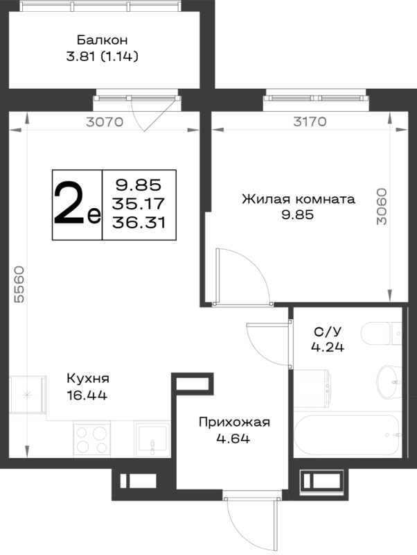 2-комнатная (Евро) квартира, 36.31 м² в ЖК "Имена" - планировка, фото №1