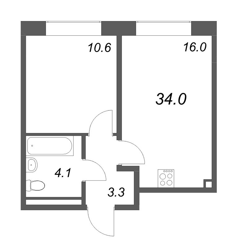 2-комнатная (Евро) квартира, 34 м² в ЖК "Пулково Лейк" - планировка, фото №1