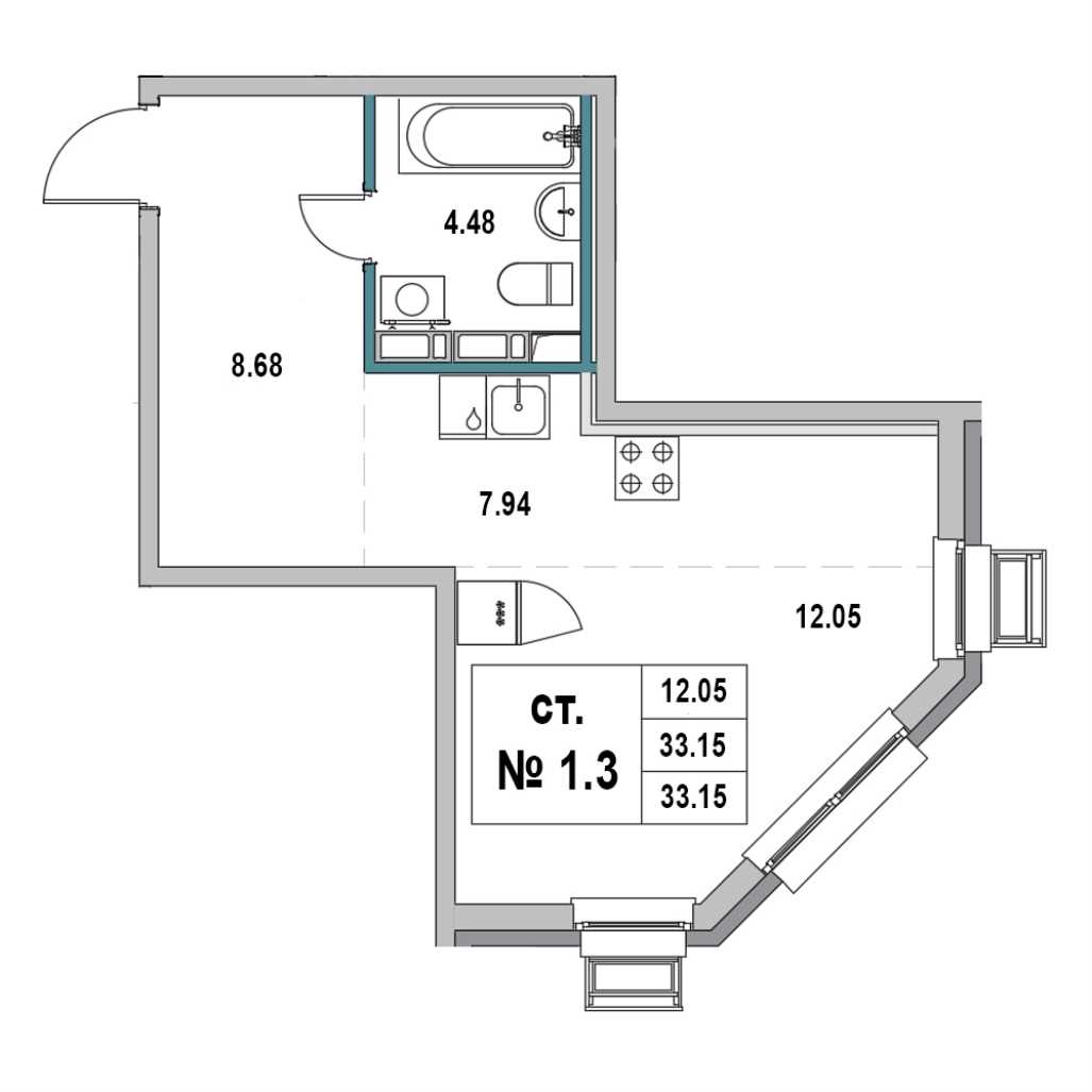 Квартира-студия, 33.15 м² в ЖК "Новый Город" - планировка, фото №1