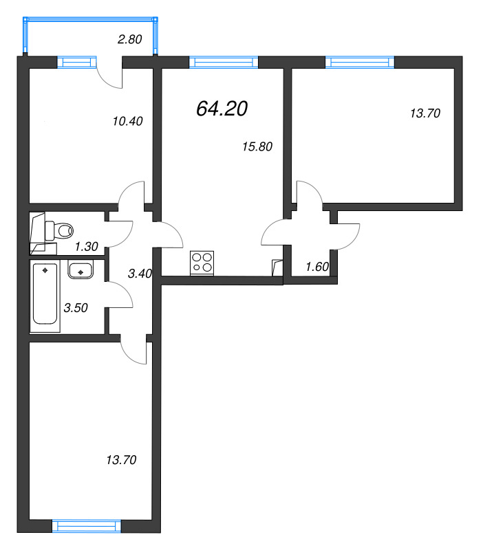 3-комнатная (Евро) квартира, 64.2 м² в ЖК "Ручьи" - планировка, фото №1