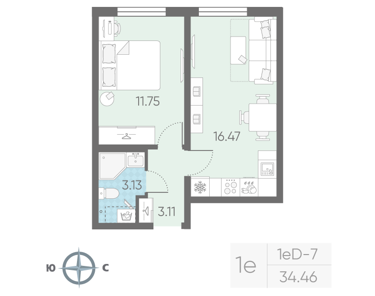 2-комнатная (Евро) квартира, 34.46 м² в ЖК "Морская миля" - планировка, фото №1