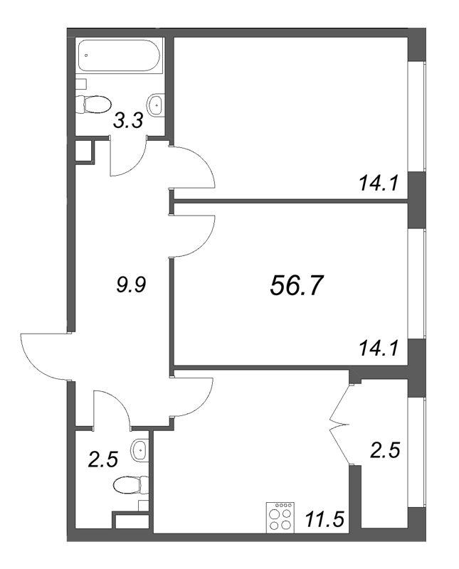 2-комнатная квартира, 56.7 м² в ЖК "Кронунг ЮГ" - планировка, фото №1