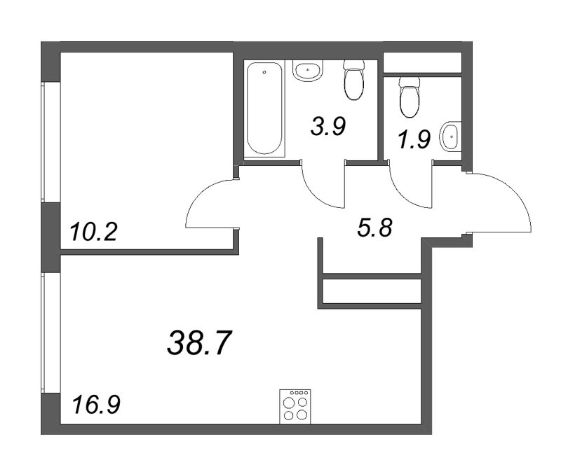 2-комнатная (Евро) квартира, 38.7 м² в ЖК "Гений" - планировка, фото №1