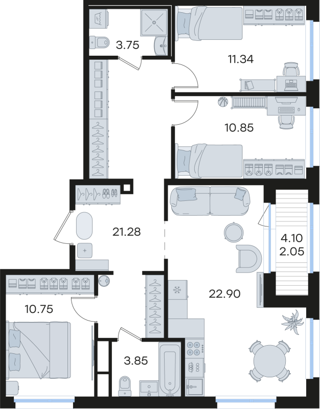 4-комнатная (Евро) квартира, 86.77 м² в ЖК "GloraX Парголово" - планировка, фото №1